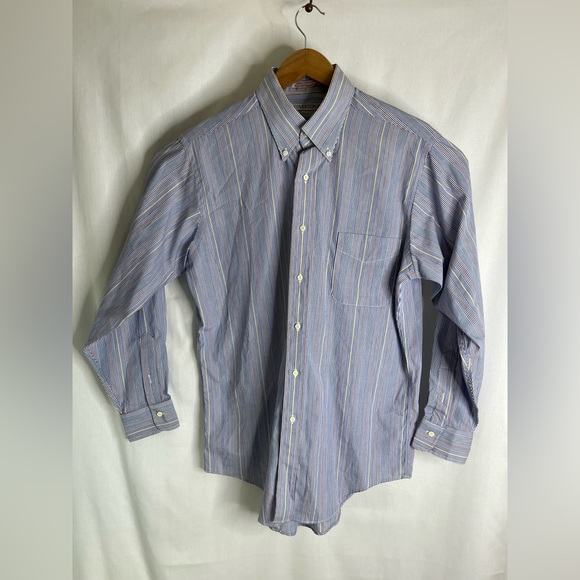 Vintage Overton Shirtmaker USA Button Down Blue/Yellow Striped Shirt Sz 15.5-33 - Picture 2 of 6
